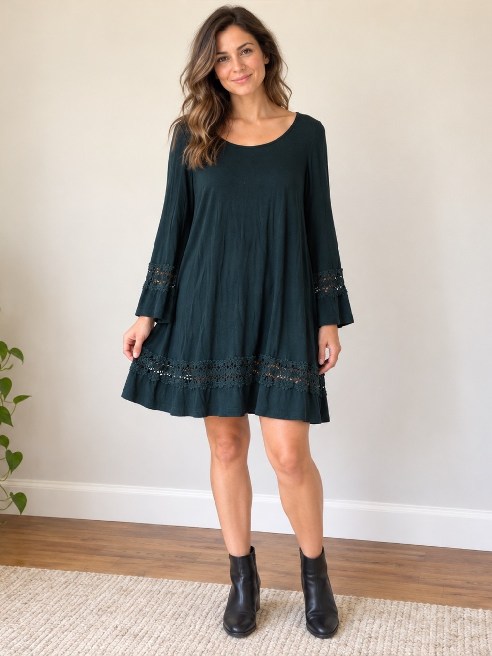 Women's Dark Green Crochet-Trim Dress